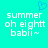 Pixelated cyan background with white text reading 'summer oh eight babil~' and a blue heart symbol above the left text block.
