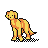 Pixelated dog icon with orange-yellow fur, standing on checkered base, head turning left to right across frames.