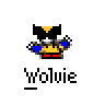 Pixel art animation of a Wolverine character icon with three distinct frames showing arm movement, each labeled "Wolvie" below the figure on a gray background.
