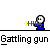 Pixelated character in blue outfit holding yellow gun, repeating across gray background with text below.