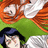 Pixelated anime-style icon shows two characters: one with orange hair in green and white clothing, another with dark hair in white clothing, against a black background with orange text.