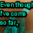 Pixelated text in cyan with black outlines on a brown background, showing four of a quote with a blue-green figure partially visible behind the text