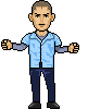 Pixelated character in light blue shirt and dark pants with arms extended, showing subtle hand pose variations across frames.