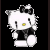 Pixelated white cat with black bow and yellow nose, wearing dark clothing against black background; two red circular lights appear to the right.