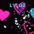 Pixelated heart-themed animation with cyan text labels over black background, featuring pink, purple, and blue hearts with white sparkles.
