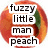 Pixelated circular icon with orange-red gradient background and green accent, featuring stacked text "fuzzy little man peach" in black block letters.