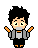Pixelated character with black spiky hair, light skin, and yellow eyes in six poses showing arm and leg movements against gray background.