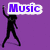 Purple background with dancing silhouette, eye with musical note, sheet music, and text "Music is love" in blue pixelated font.