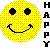 A pixelated yellow smiley face icon with black eyes and a curved mouth, next to vertical text reading 'HAPPY' in block letters.