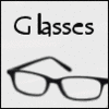 Black text reading 'Glasses' above a black-and-white line drawing of eyeglasses on a light gray background.