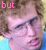 A sequence of six showing a person with curly light brown hair and glasses, wearing a blue shirt against a yellow background, with pink text labels above each