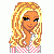 Pixelated image of a blonde woman with long hair wearing a pink and white checkered top, next to text reading 'Born to shop' in bold black letters on a blue-bordered background.