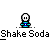 Pixelated character with white head and blue body, shaking motion over gray background with repeated text below.