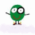Green circular character with large round eyes, black glasses, and a brown smile stands against white background.