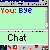 Pixelated chat interface showing 'You: BYE' and 'Him: BYE' text in red and blue on light green background with 'Chat' label.