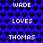 Blue background with dark blue heart pattern, white pixelated text repeating 'WADE', 'LOVES', and 'THOMAS' in a