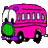 Animated pink bus with green front, white eyes, and purple wheels displays changing patterns of colored dots across its body.