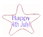A star-shaped icon with red outline and blue text reading "Happy 4th July!" on white background, transitioning to a split-star design with blue left half containing stars and red-and-white stripes right half.