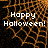 Pixelated orange spiderweb pattern on black background with 'Happy Halloween!' text in white block letters.