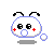 Pixelated character with rounded white head, blue outline, black antennae, red cheeks, and white bubble-like objects, showing multiple facial expressions and red heart changes.