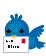 Blue pixelated bird holding white card with red square and black text, positioned against gray background.