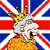 Pixelated image of a cartoon donkey wearing a crown, standing against a Union Jack background with red, white, and blue stripes.