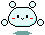 Pixel art character with light blue body, black eyes, red cheeks, and white ears; four variations show different arm positions against gray background.