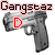 four and four of grayscale pistol icons with red text overlays showing variations of 'Gangstaz', 'Dun', and 'Play' across frames