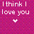 Pixelated text 'I think I love you' appears twice on a pink checkered background with heart symbols below each phrase.