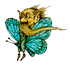 Animated pixel art of a winged creature with golden-brown fur, turquoise wings, and green limbs holding a long thin object.