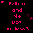 Pixelated pink text and stars on black background with repeated 'Felicia and Me Dot budies<3' phrases, animated star positions across frames.
