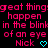 Pixelated pink text on black background repeats 'great things happen in the blink of an eye' with 'Nick' and cyan heart symbols below.
