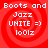 Red background with four identical showing white text 'Boots and Jazz UNITE =) looIz' over a swirling red pattern