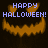 Pixelated orange pumpkin face with jagged teeth and triangular eyes on dark background, displaying 'HAPPY HALLOWEEN!' text in blue pixel font.