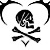 Black and white pixelated icon featuring a skull with crossed bones beneath, framed by two curved black shapes on a white background.