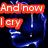 Blue-toned stylized face with white highlights against dark background, overlaid with red text blocks in pixelated font.