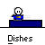 Pixelated character in blue outfit sits at dark blue table, performing dishwashing actions with white dishes and steam effects