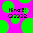 Pixelated text and symbols on a bright pink background with scattered green circles.