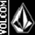 Animated sequence showing a silver Volcom stone logo, then a red circular emblem with Chinese characters, followed by a purple 'Volcom' text and arrow icon on white background.