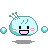 A 4-frame pixel art animation of a light blue cartoon character with pink cheeks, black eyes, and a smiling mouth, floating against a gray background with small bubbles.