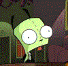Animated sequence of a green cartoon alien with large white eyes and antennae in various expressions against a dark room background.