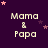 Dark purple background with repeated 'Mama & Papa' text in light beige, scattered pink and dark purple stars.