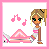 Pixel art icon featuring a blonde girl with green eyes sitting on pink steps, surrounded by musical notes and a white dog.