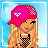 Pixel art icon of a blonde woman in pink cap and fishnet top, shown across six with changing poses and clothing details