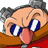 Pixelated close-up of a character with light skin, blue eyes, and gray hair sticking out tongue while wearing brown and red clothing.