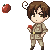 Pixel art contact sheet showing two frames of an animated AIM buddy icon featuring a chibi-style character with brown hair, beige uniform, and red apple props against gray background.