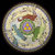 A circular pixelated image of a moon-like sphere with a green and brown surface patch and a central yellow-purple symbol.