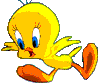 Yellow cartoon bird with blue eyes and orange beak/feet in four sequential poses against gray background