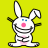 Pixelated white rabbit icon with blue eyes, pink nose and belly, black outlines, on solid yellow background.