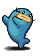 Blue cartoon character with rounded body and small fins holds a golden-brown ring-shaped object in its mouth across multiple poses.
